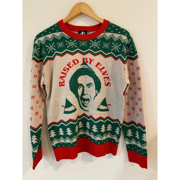 NWT Elf Raised by Elves Sweater Unisex L Christmas Holiday Pullover Green Red - Picture 1 of 7